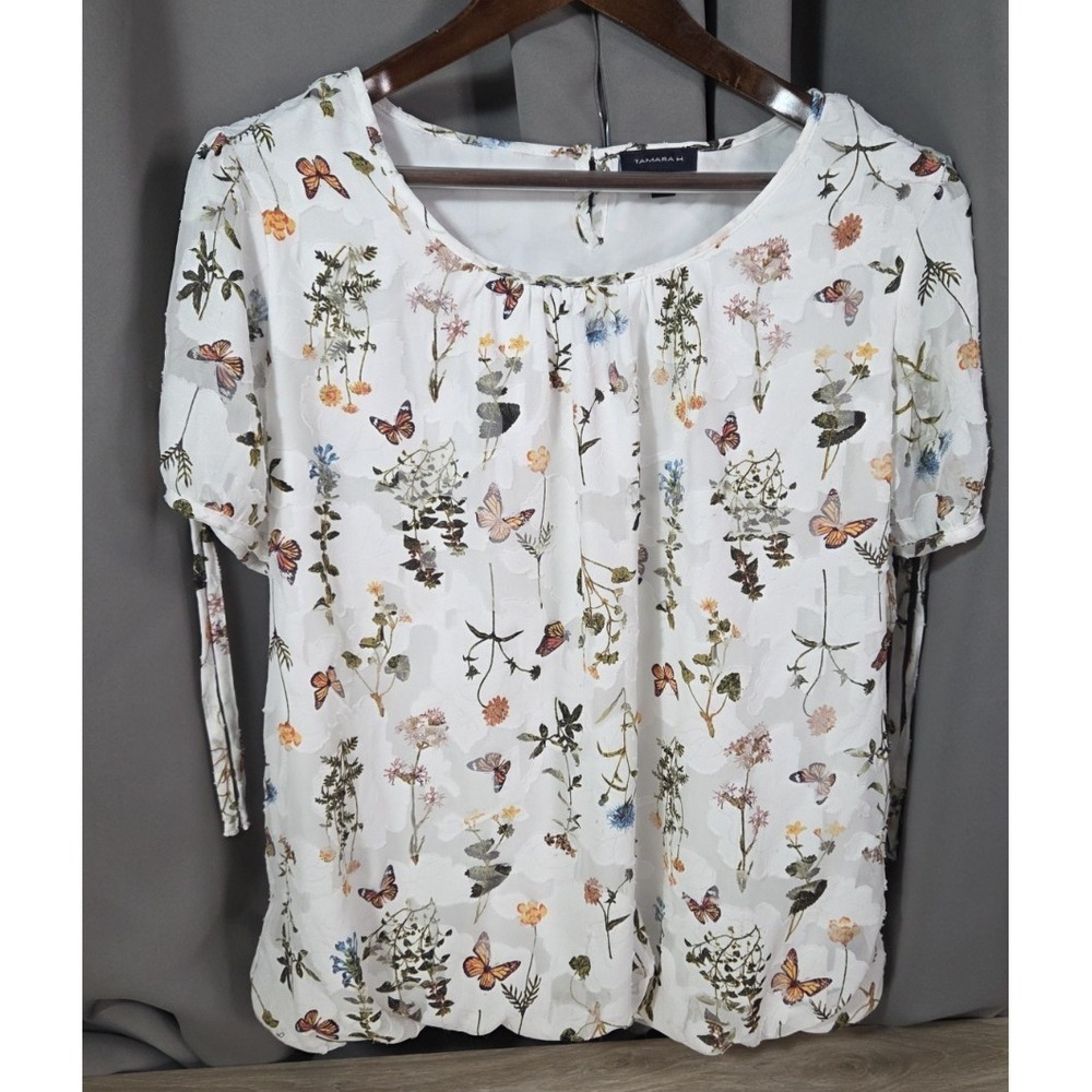 Tamara H. Butterfly Flowers Overlay Off White Tie Short Sleeve Elastic Blouse XL